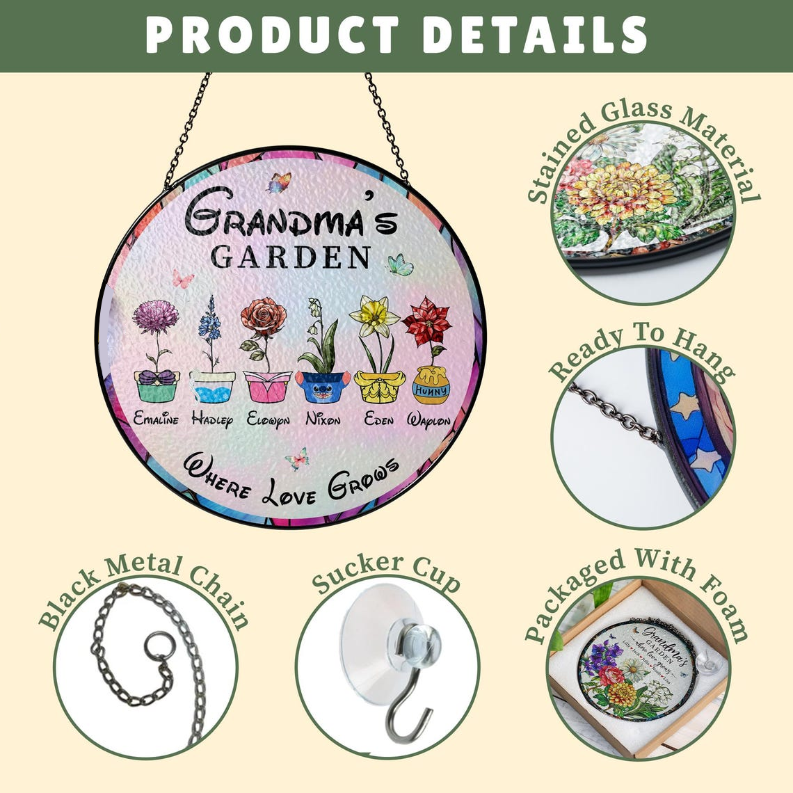 Personalized Grandma's Garden Disney Birth Month Flower Stained Glass Suncatcher, Mothers Day Birthday Gift for Mom Nana Mimi From Grandkids