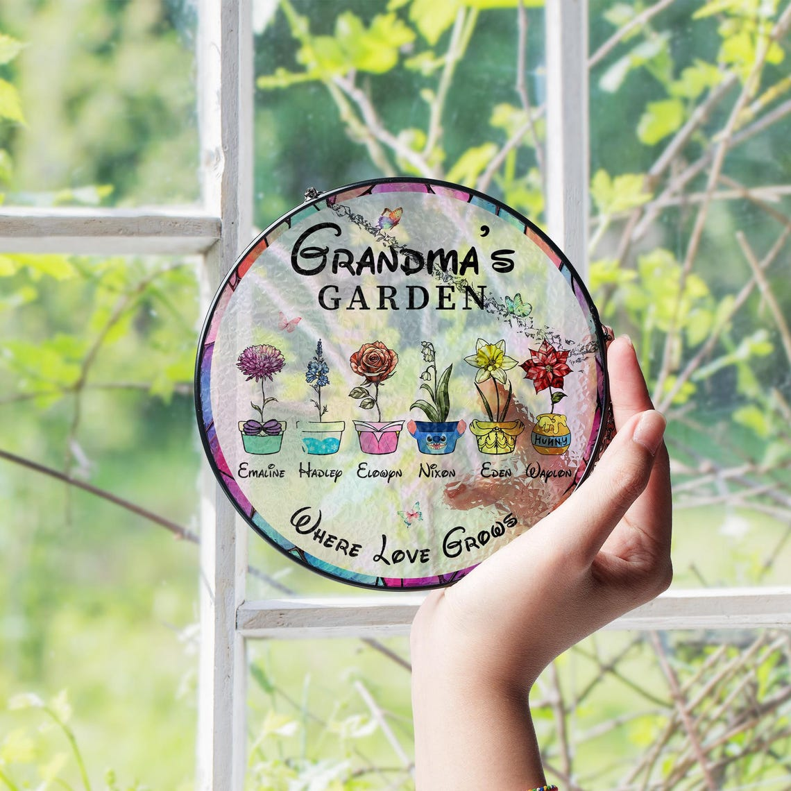 Personalized Grandma's Garden Disney Birth Month Flower Stained Glass Suncatcher, Mothers Day Birthday Gift for Mom Nana Mimi From Grandkids