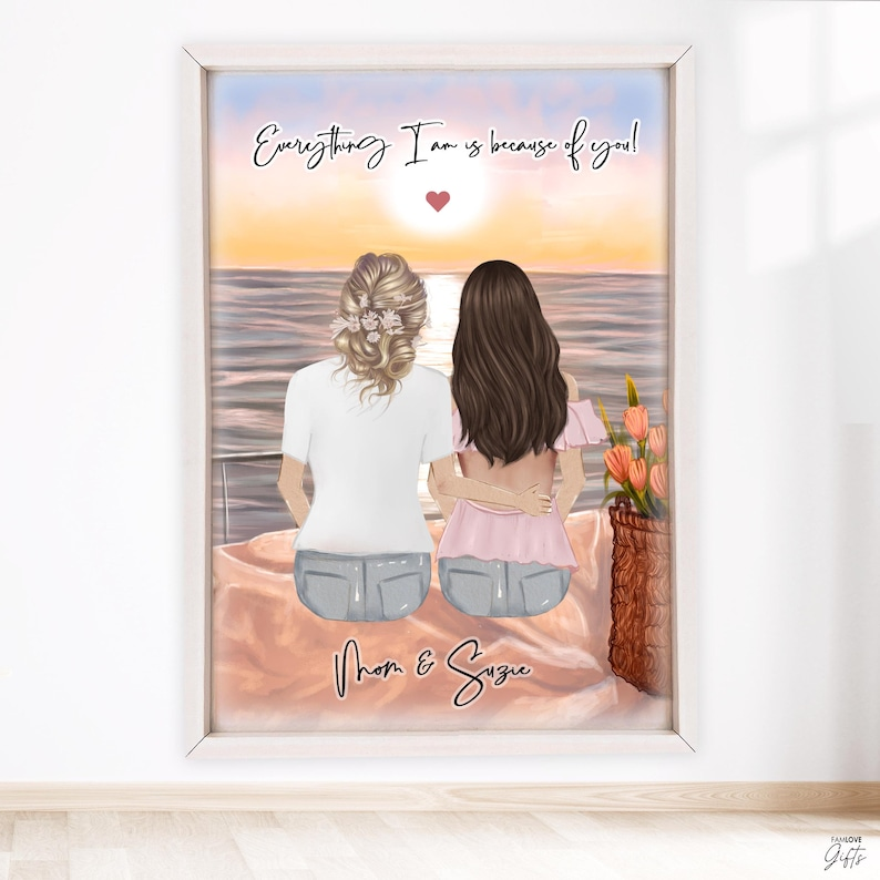 Custom Mother Daughter Portrait: Personalized Family Wall Art Christmas Present