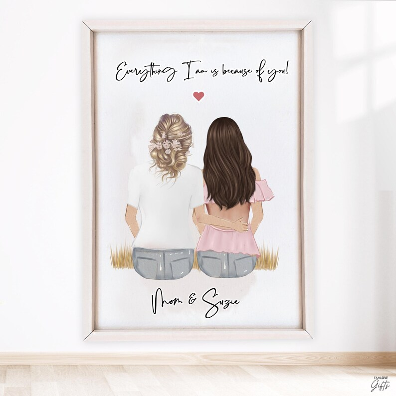 Custom Mother Daughter Portrait: Personalized Family Wall Art Christmas Present