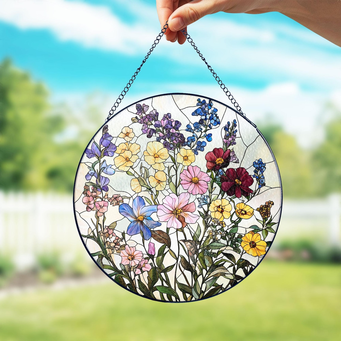 Stained Glass Wildflowers Suncatcher Mother's Day Gift Wildflowers Window Decor Gift For Grandma, Nature Lover Glass Suncatcher Family Gift