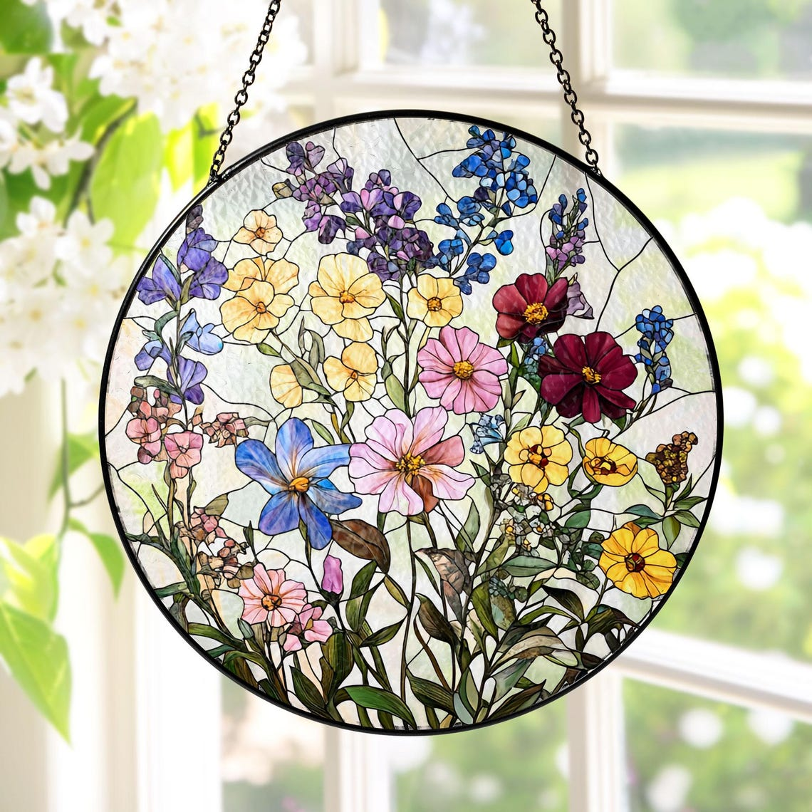 Stained Glass Wildflowers Suncatcher Mother's Day Gift Wildflowers Window Decor Gift For Grandma, Nature Lover Glass Suncatcher Family Gift