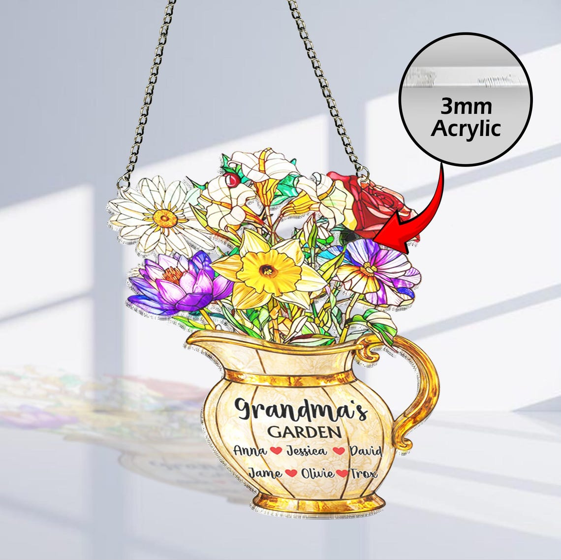 Personalized Grandma's Garden Acrylic Suncatcher, Family Birth Month Flower Window Hanging, Mother's Day Gift for Mom, Grandma Nana Gift