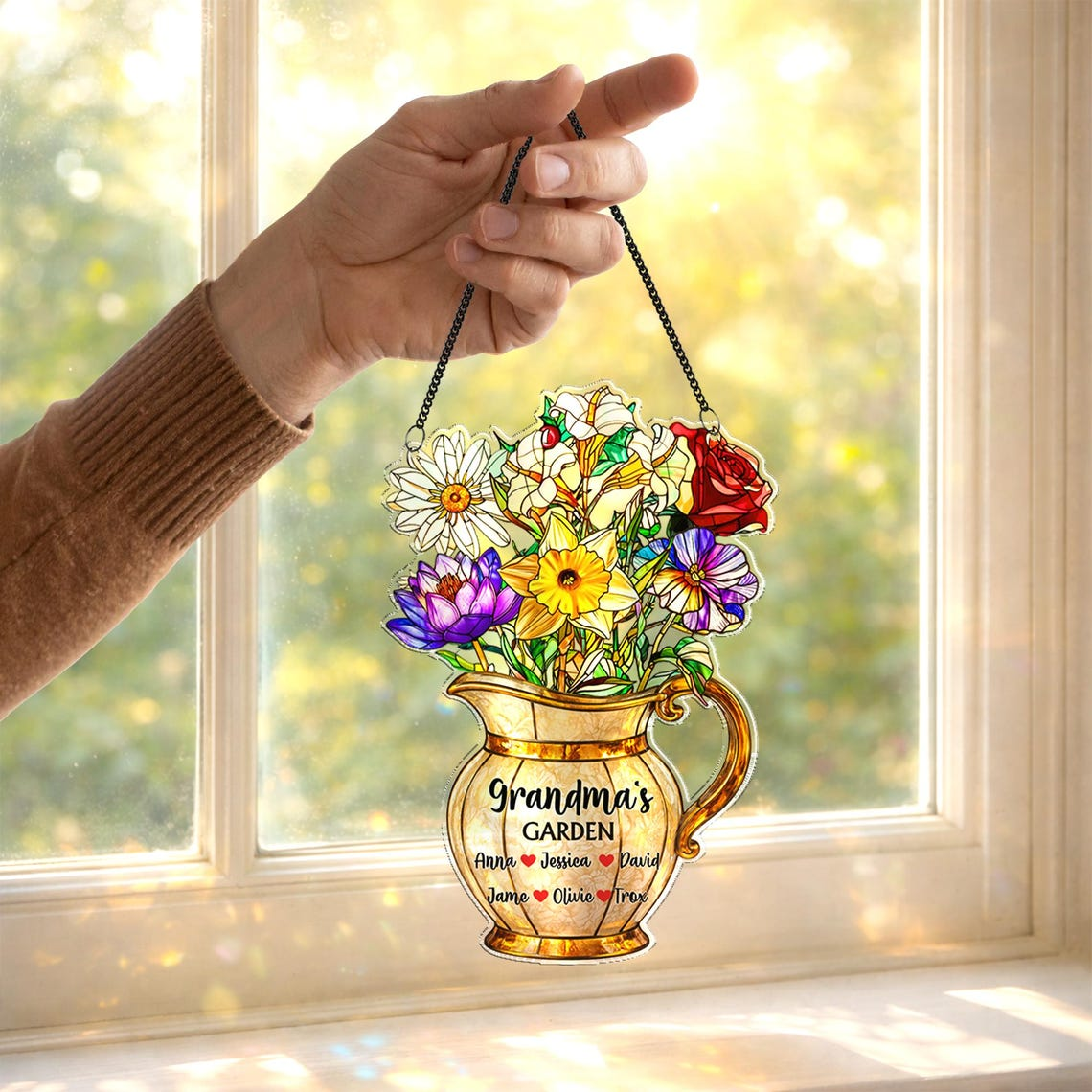 Personalized Grandma's Garden Acrylic Suncatcher, Family Birth Month Flower Window Hanging, Mother's Day Gift for Mom, Grandma Nana Gift