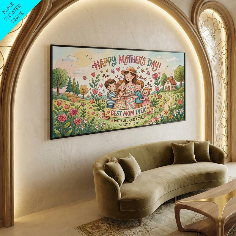 Floral Mom and Children Wall Decor, Framed Canvas Print, Personalized ...