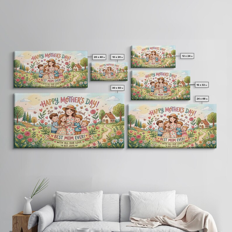 Floral Mom and Children Wall Decor, Framed Canvas Print, Personalized ...