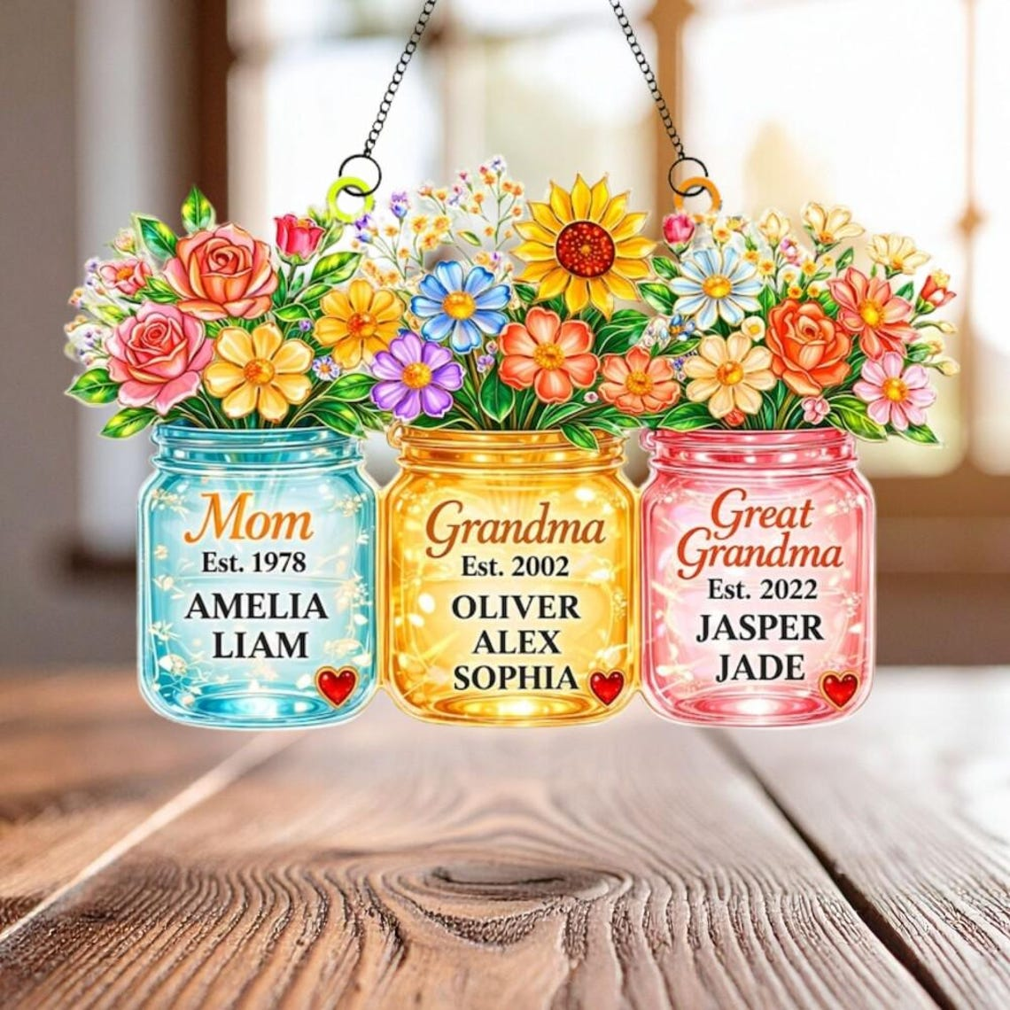 Personalized Mom Grandma Great Grandma Suncatcher, Birth Flower Mason Jar Gift, Mother's Day 2026 Gift, Gift For Mom Grandma 01