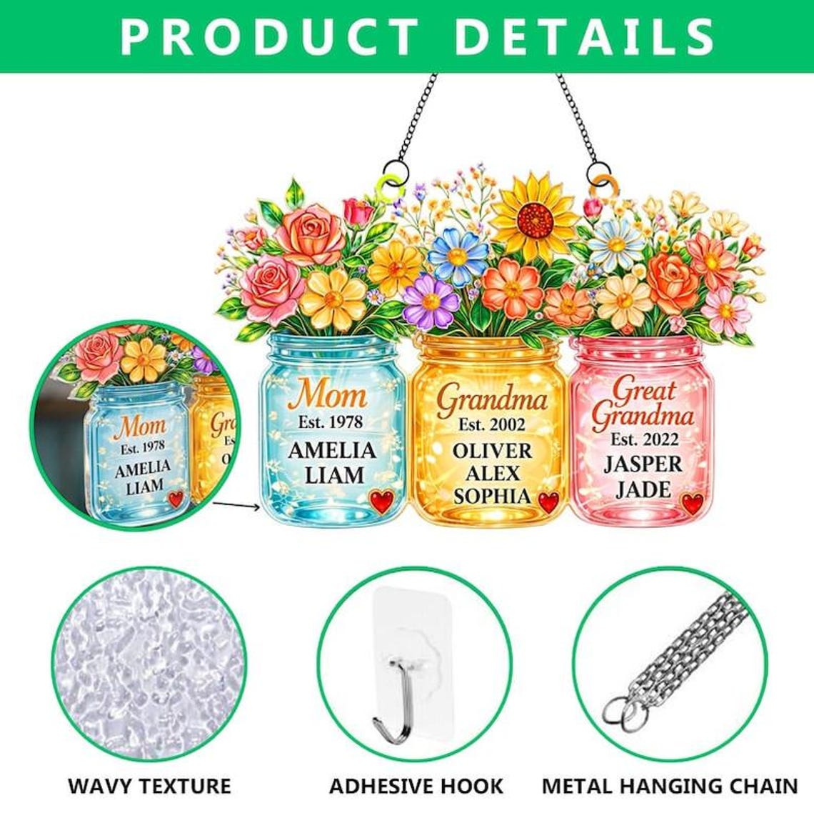 Personalized Mom Grandma Great Grandma Suncatcher, Birth Flower Mason Jar Gift, Mother's Day 2026 Gift, Gift For Mom Grandma 01