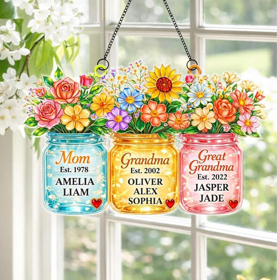 Personalized Mom Grandma Great Grandma Suncatcher, Birth Flower Mason Jar Gift, Mother's Day 2026 Gift, Gift For Mom Grandma 01