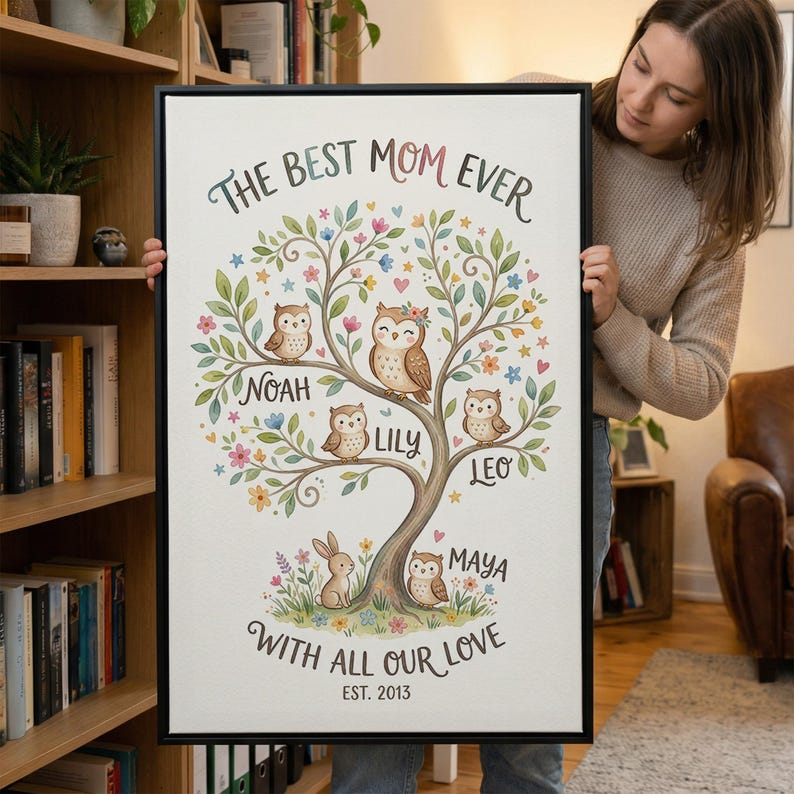 Floral Mom Name Family Artwork, Framed Canvas Print, Personalized Mothers Day Wall Decor, Unique Mothers Day Gifts
