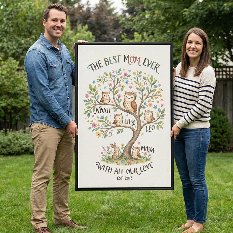 Floral Mom Name Family Artwork, Framed Canvas Print, Personalized Mothers Day Wall Decor, Unique Mothers Day Gifts