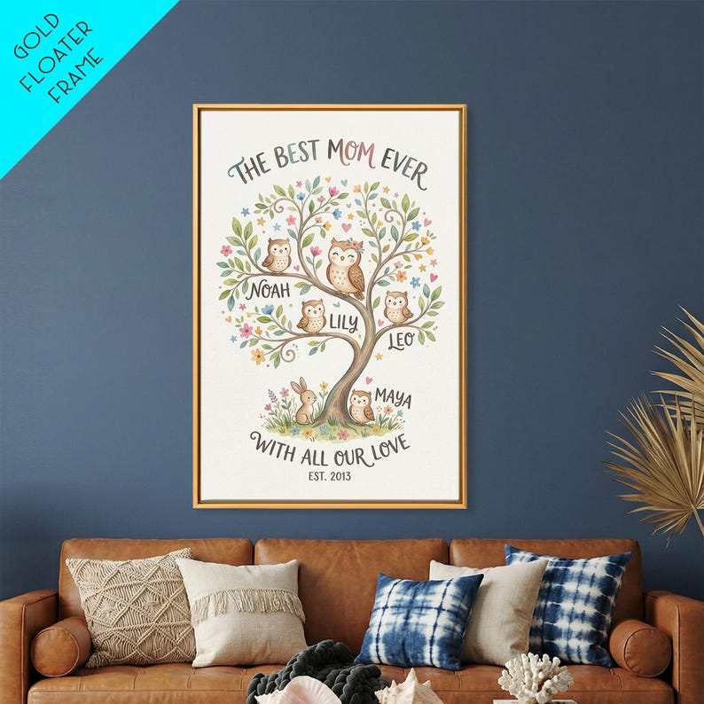 Floral Mom Name Family Artwork, Framed Canvas Print, Personalized Mothers Day Wall Decor, Unique Mothers Day Gifts