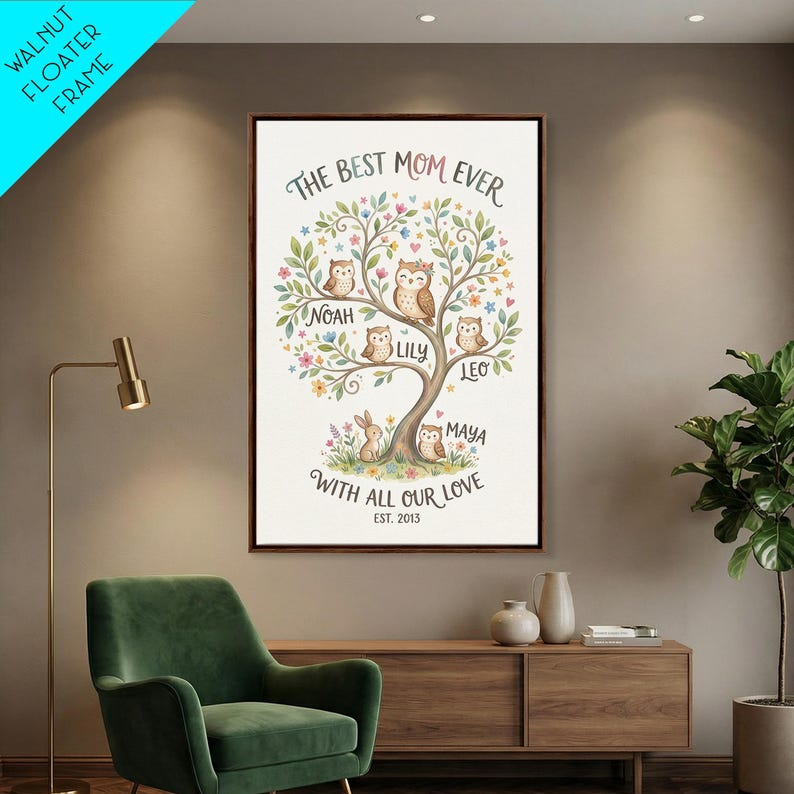 Floral Mom Name Family Artwork, Framed Canvas Print, Personalized Mothers Day Wall Decor, Unique Mothers Day Gifts