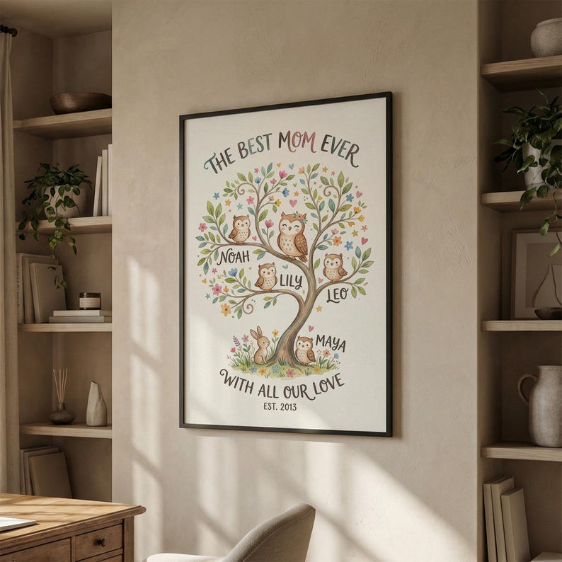 Floral Mom Name Family Artwork, Framed Canvas Print, Personalized Mothers Day Wall Decor, Unique Mothers Day Gifts