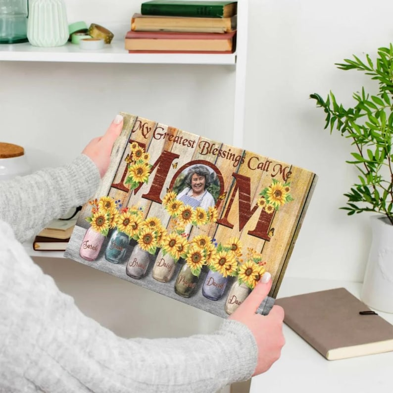 Personalized Mom Canvas: Sunflower Mason Jars, Custom Photo & Names