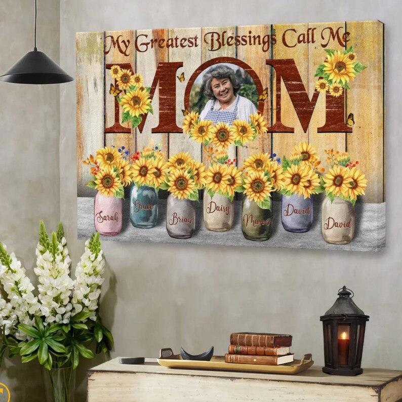 Personalized Mom Canvas: Sunflower Mason Jars, Custom Photo & Names
