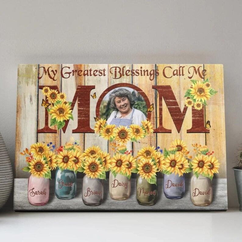 Personalized Mom Canvas: Sunflower Mason Jars, Custom Photo & Names