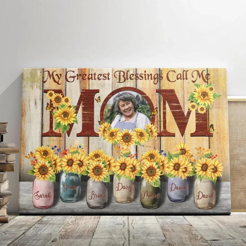 Personalized Mom Canvas: Sunflower Mason Jars, Custom Photo & Names