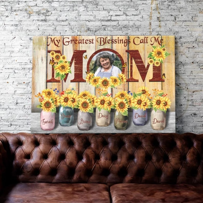 Personalized Mom Canvas: Sunflower Mason Jars, Custom Photo & Names