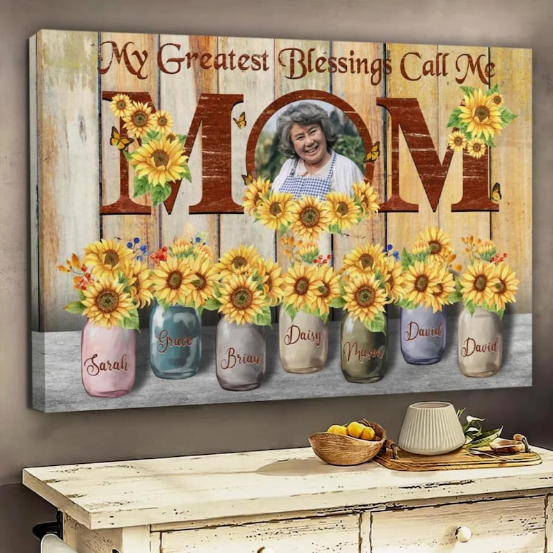 Personalized Mom Canvas: Sunflower Mason Jars, Custom Photo & Names