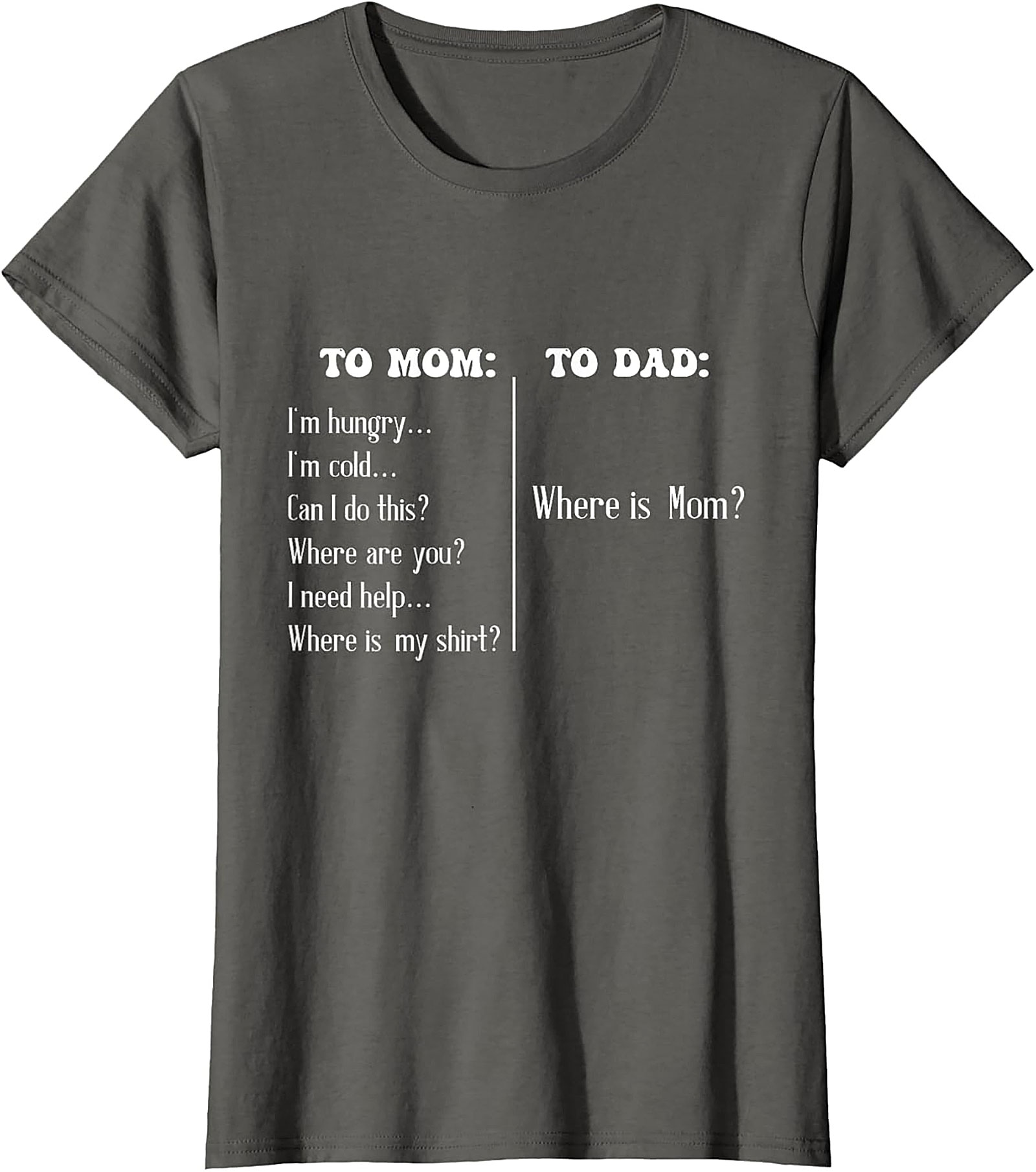 "To Mom vs To Dad" Funny T-Shirt Relatable Parenting Tee