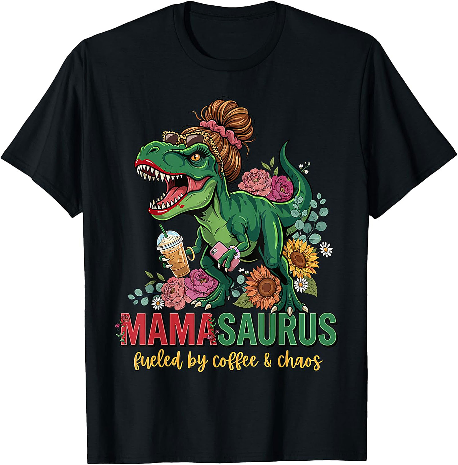 Mamasaurus Coffee & Chaos T-Shirt Funny Mom Graphic Tee
