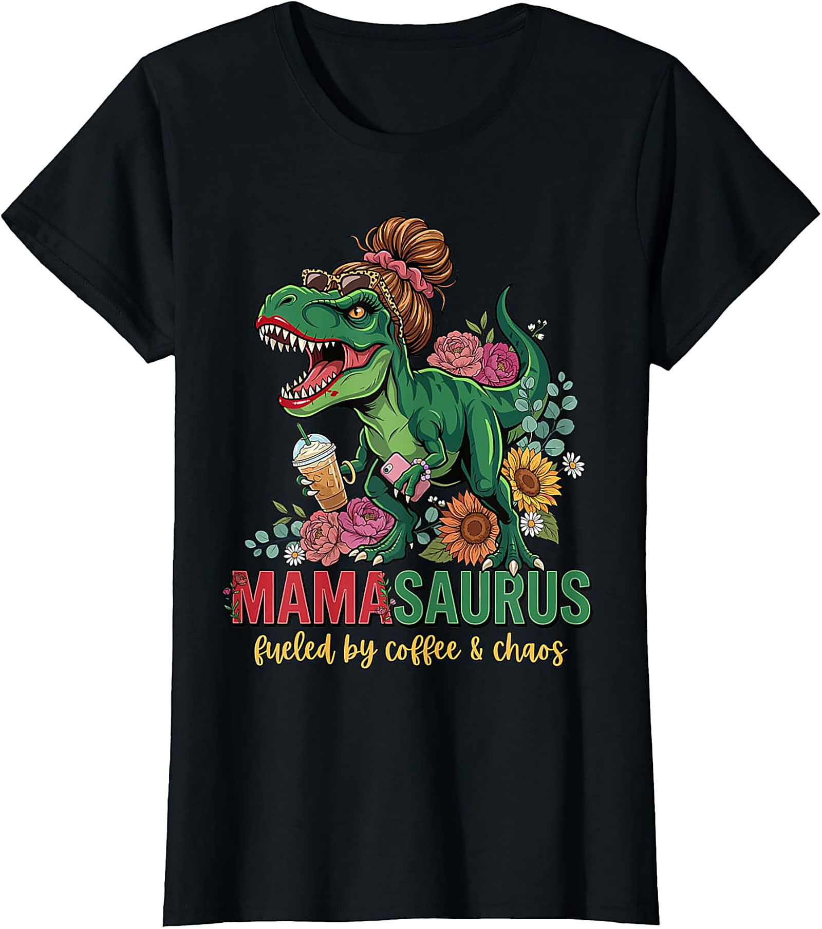  Mamasaurus Coffee & Chaos T-Shirt Funny Mom Graphic Tee