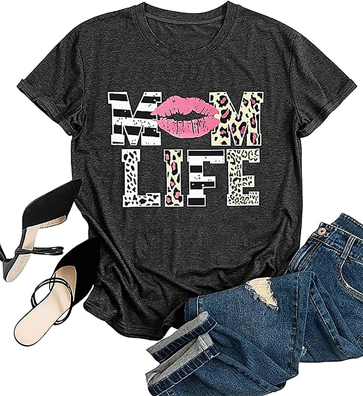 Mom Life Graphic Tee | Leopard Print & Pink Lips T-Shirt
