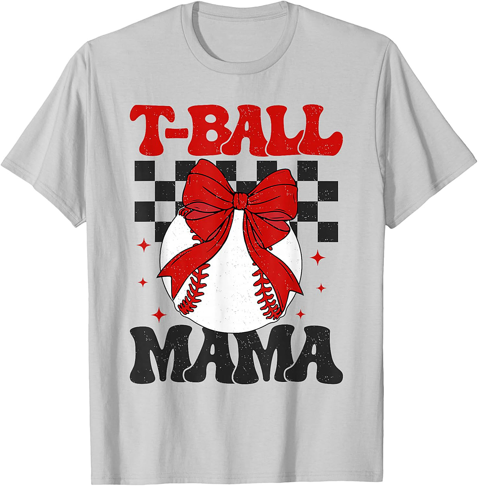 T-Ball Mama Retro Bow T-Shirt Cute Baseball Mom Graphic Tee