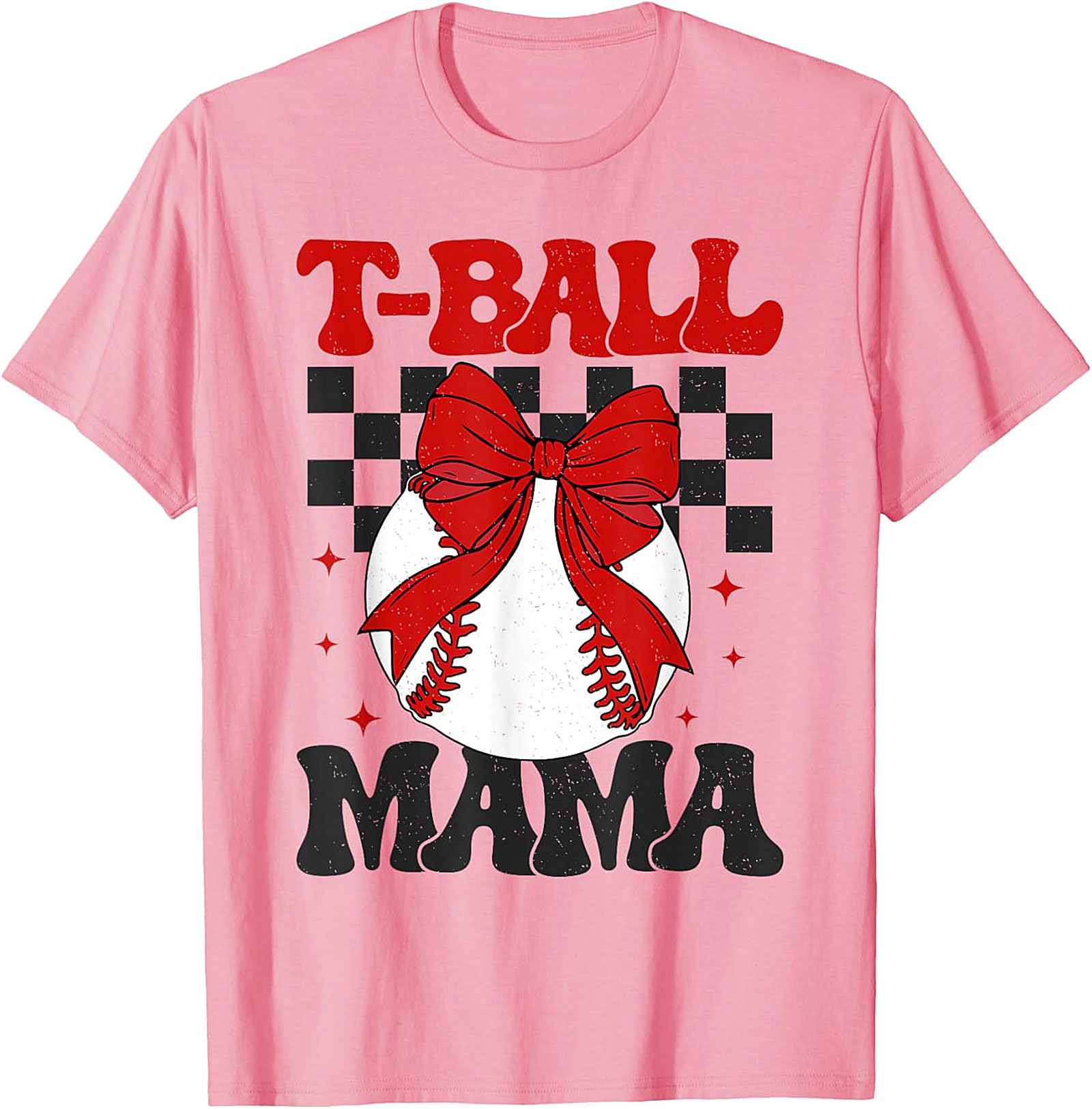 T-Ball Mama Retro Bow T-Shirt Cute Baseball Mom Graphic Tee