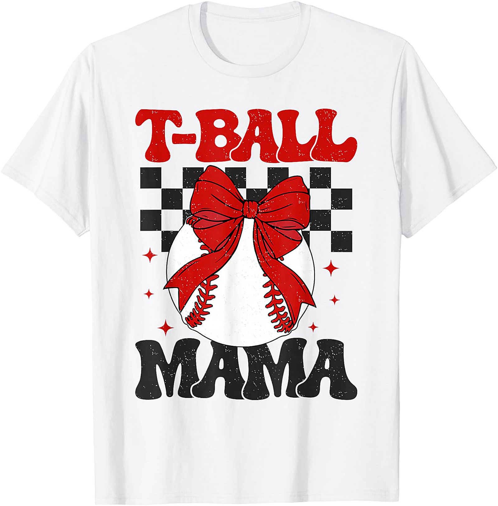 T-Ball Mama Retro Bow T-Shirt Cute Baseball Mom Graphic Tee