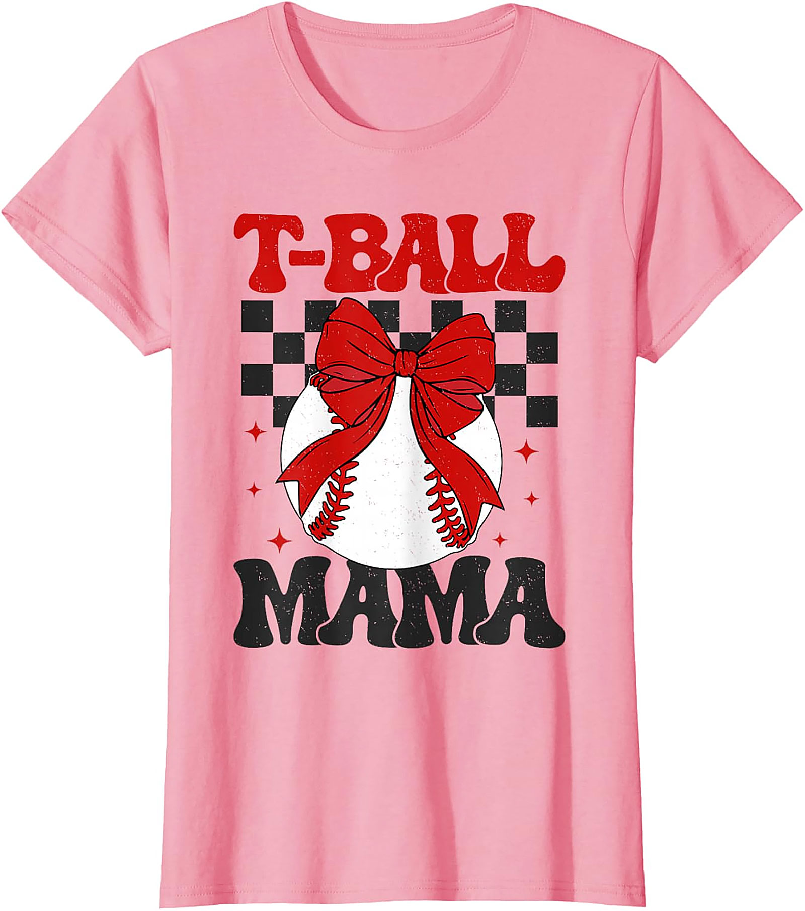 T-Ball Mama Retro Bow T-Shirt Cute Baseball Mom Graphic Tee