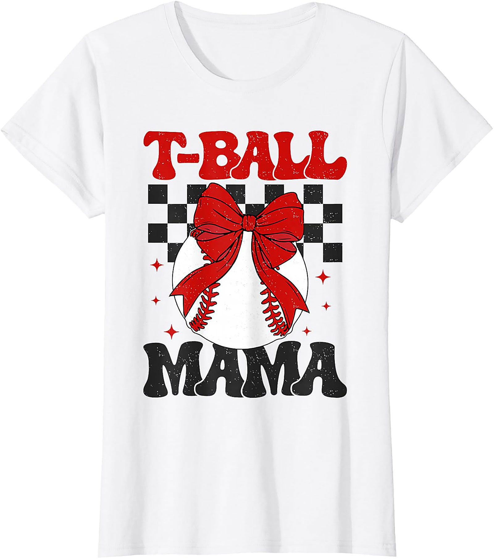 T-Ball Mama Retro Bow T-Shirt Cute Baseball Mom Graphic Tee
