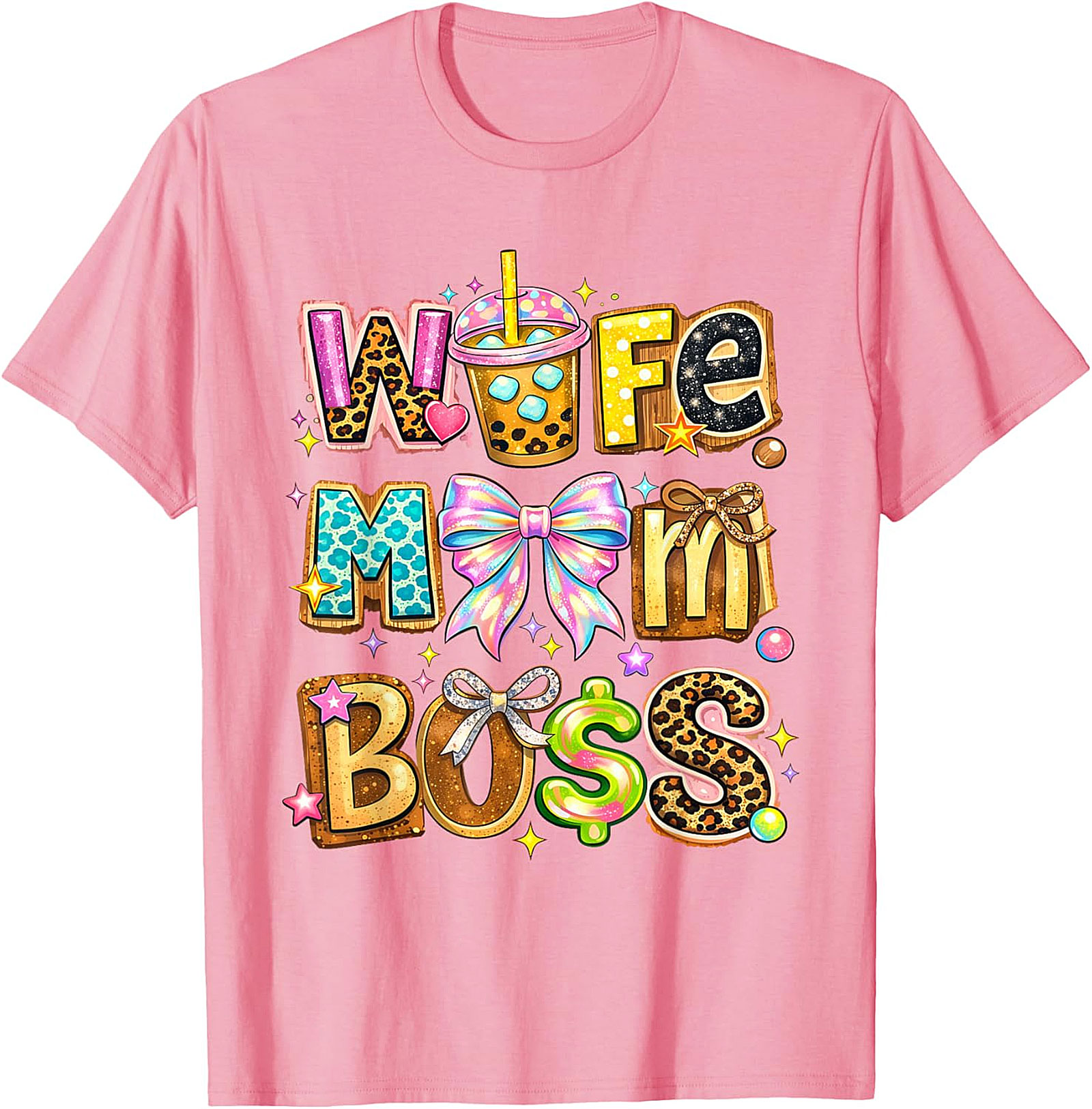 Wife Mom Boss T-Shirt | Vibrant Leopard & Boba Graphic Tee