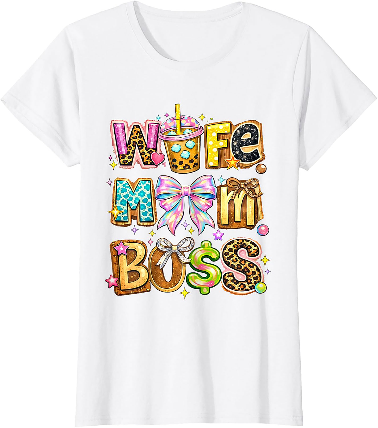 Wife Mom Boss T-Shirt | Vibrant Leopard & Boba Graphic Tee
