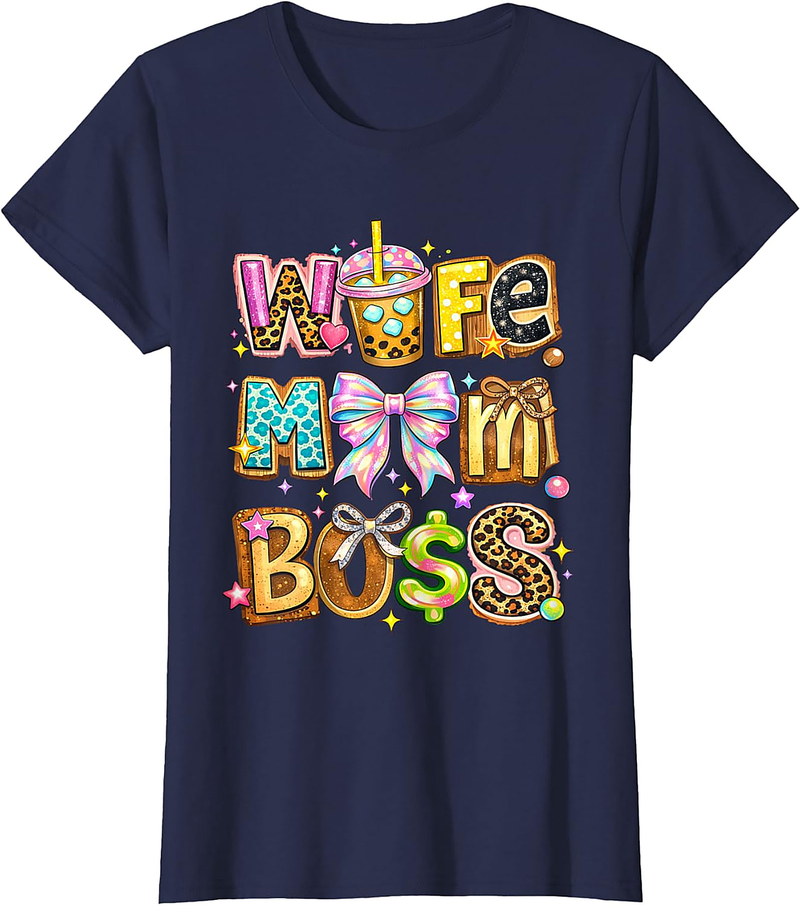 Wife Mom Boss T-Shirt | Vibrant Leopard & Boba Graphic Tee