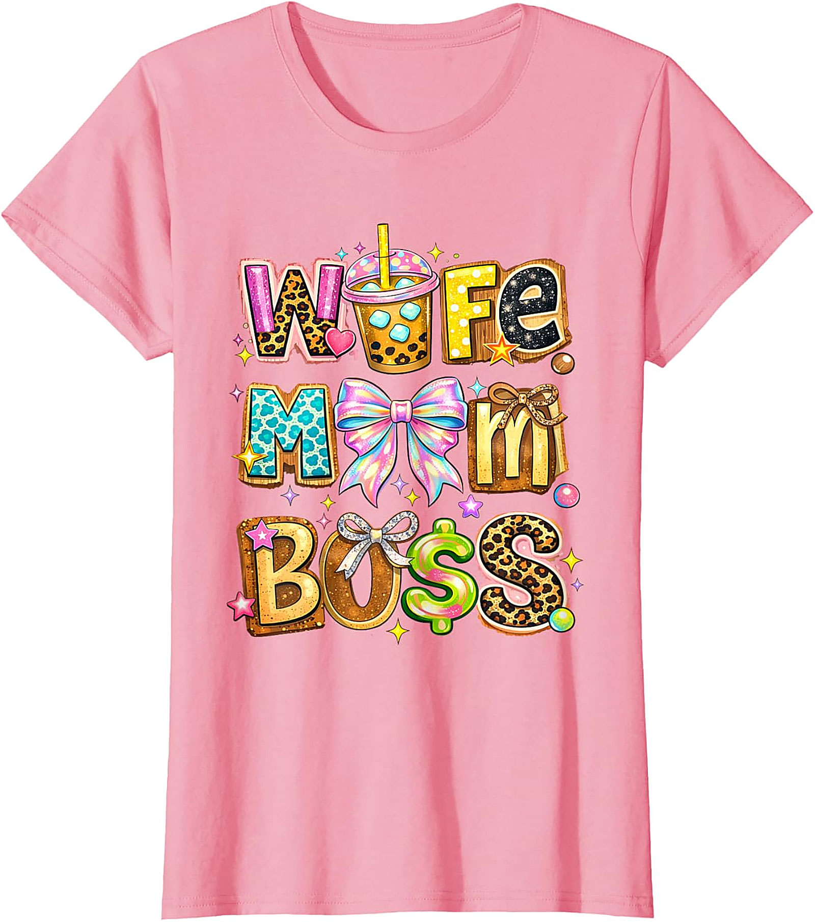 Wife Mom Boss T-Shirt | Vibrant Leopard & Boba Graphic Tee