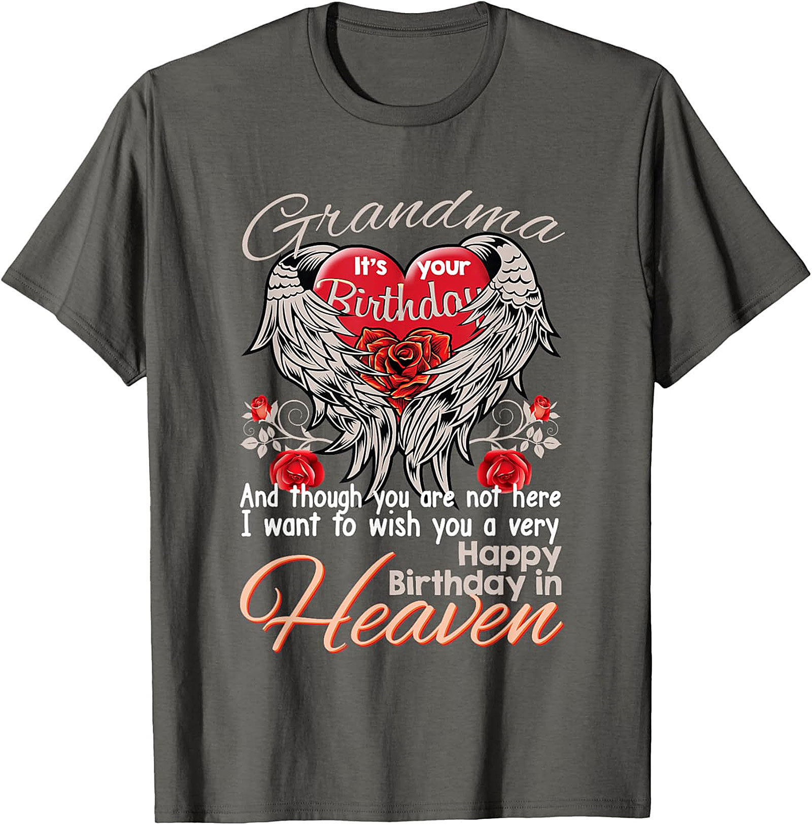 Grandma Birthday in Heaven T-Shirt | Memorial Angel Wings Tee