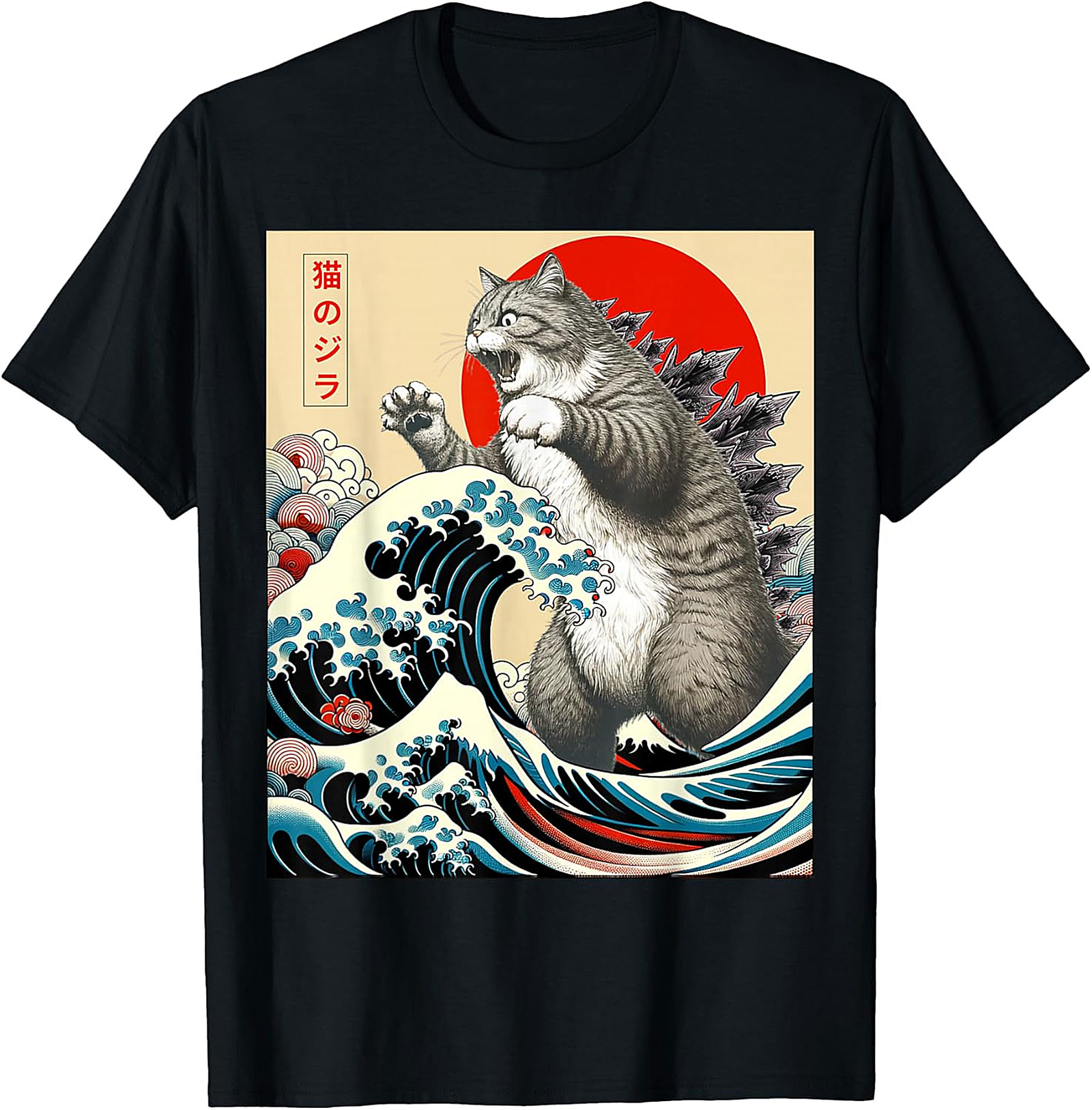 Japanese Cat Great Wave T-shirt | Funny Catzilla Graphic Tee