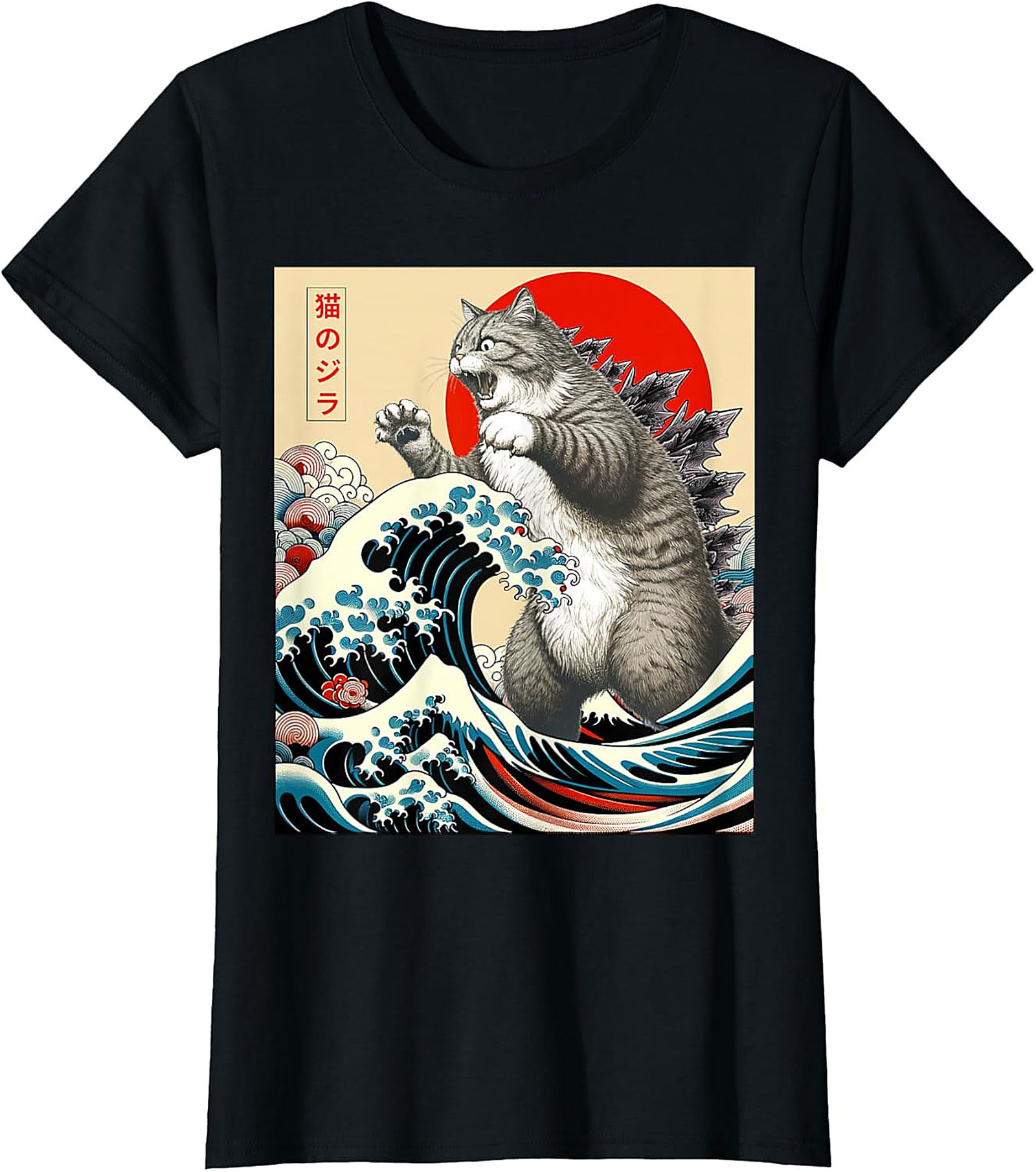 Japanese Cat Great Wave T-shirt | Funny Catzilla Graphic Tee