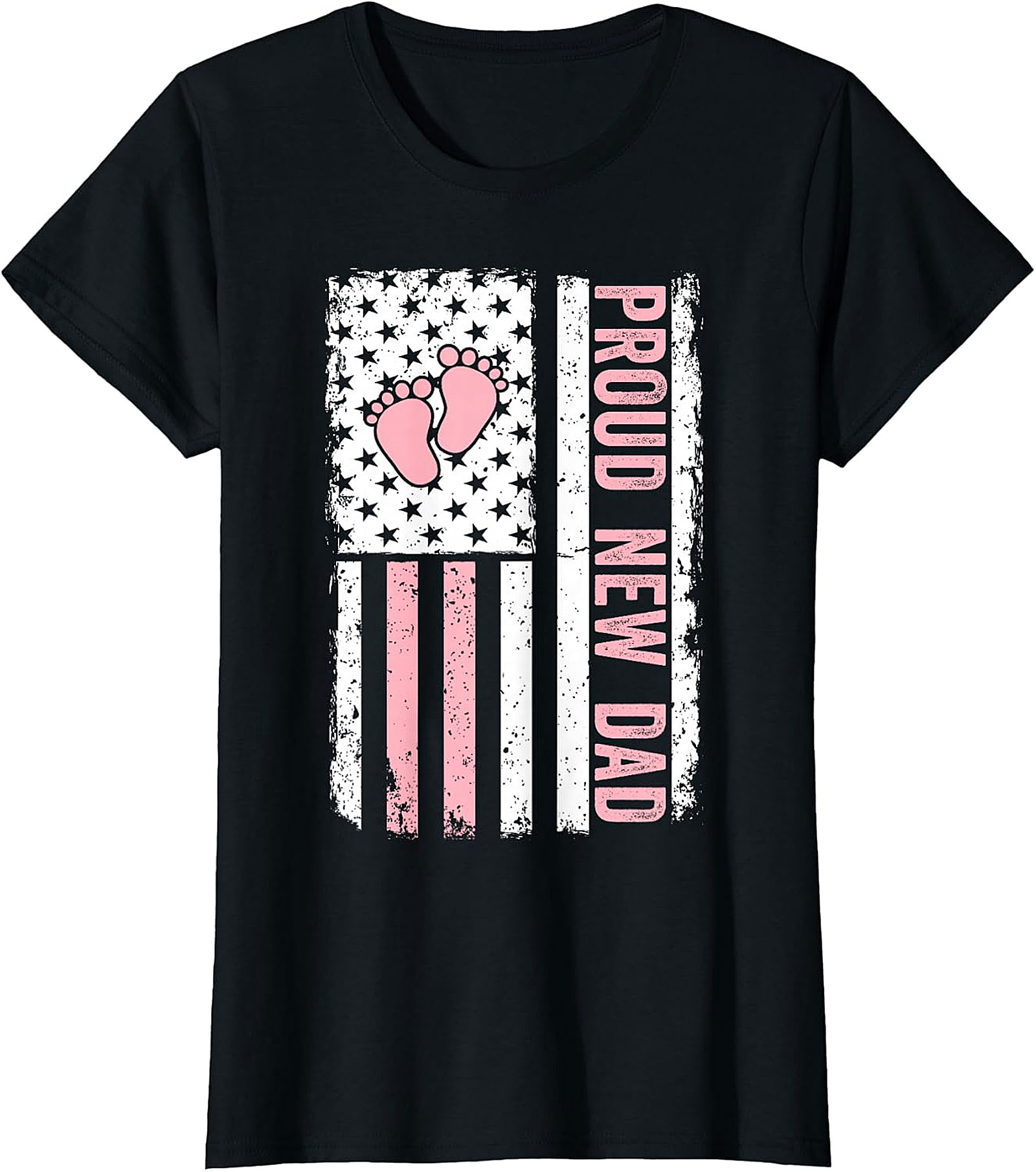 Proud New Dad T-Shirt | Distressed Flag & Pink Baby Footprints