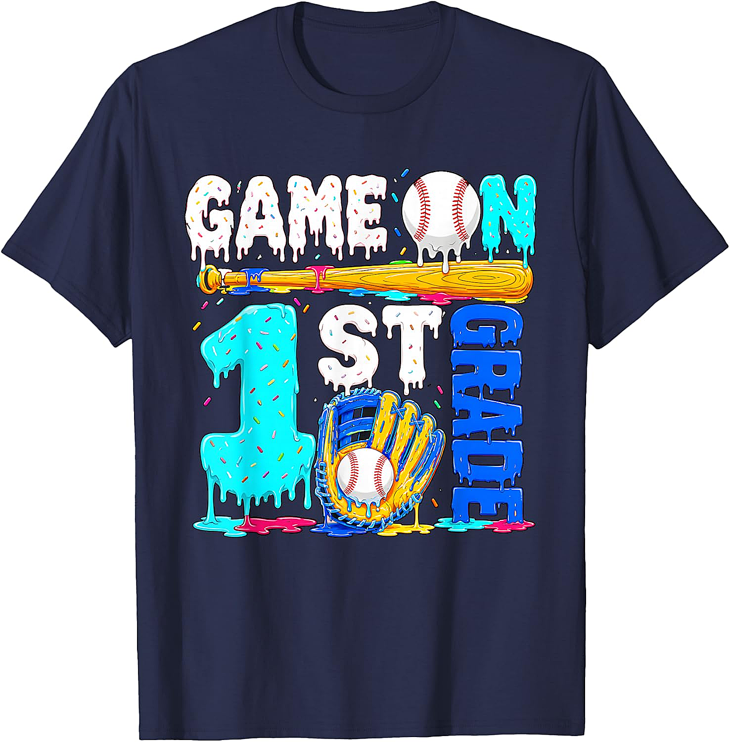  Game On 1st Grade Baseball Drip Ice Cream Back to School T-Shirt