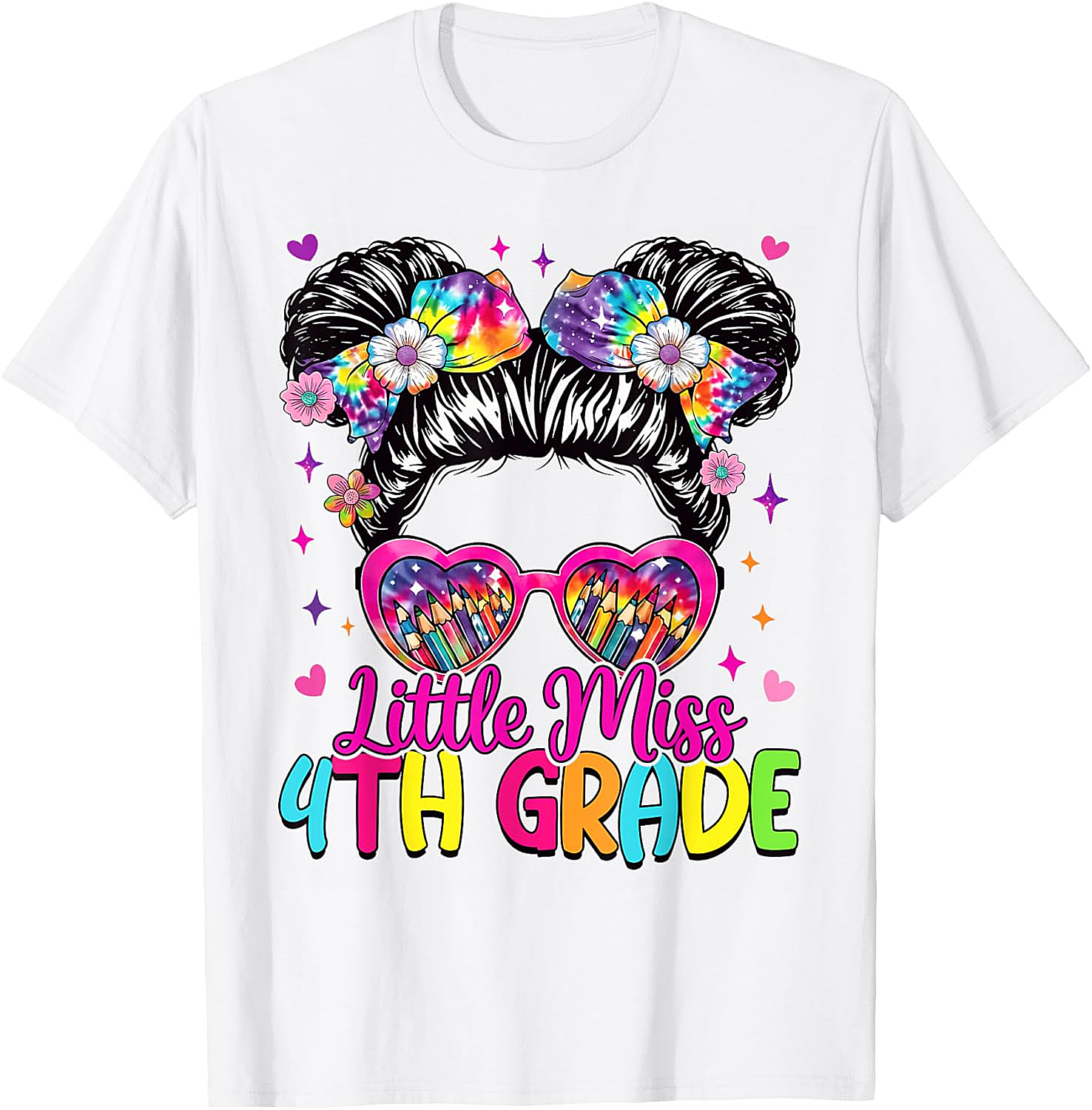 Little Miss 4th Grade Messy Bun T-Shirt Back to School Tee