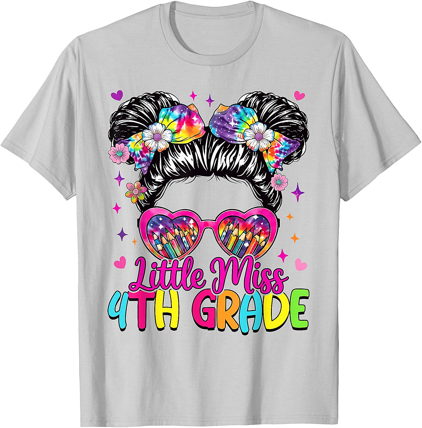  Little Miss 4th Grade Messy Bun T-Shirt Back to School Tee