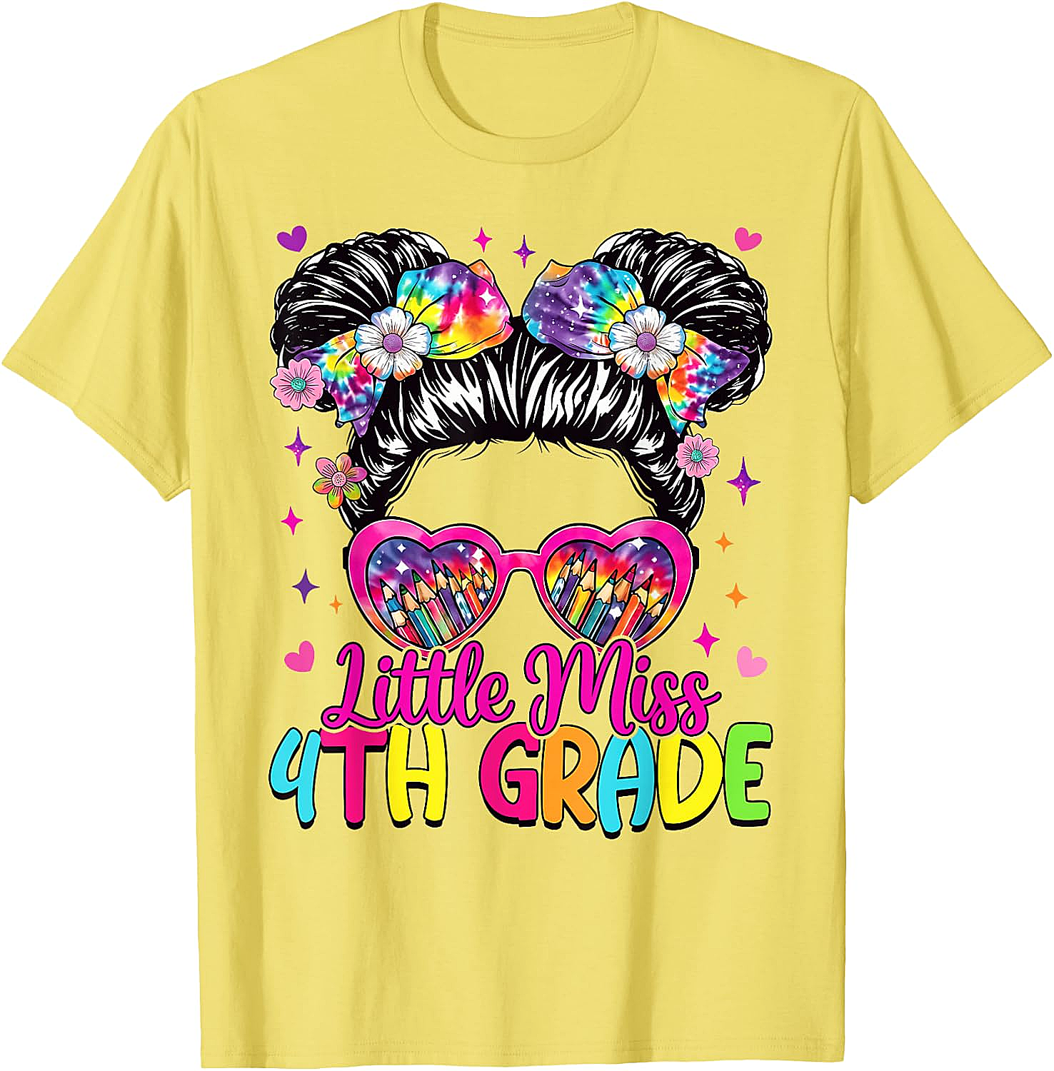  Little Miss 4th Grade Messy Bun T-Shirt Back to School Tee