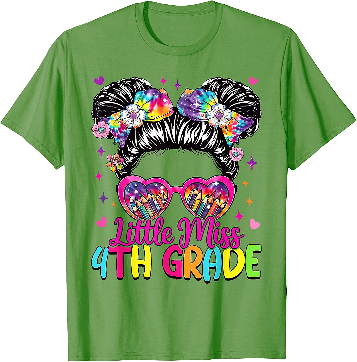  Little Miss 4th Grade Messy Bun T-Shirt Back to School Tee