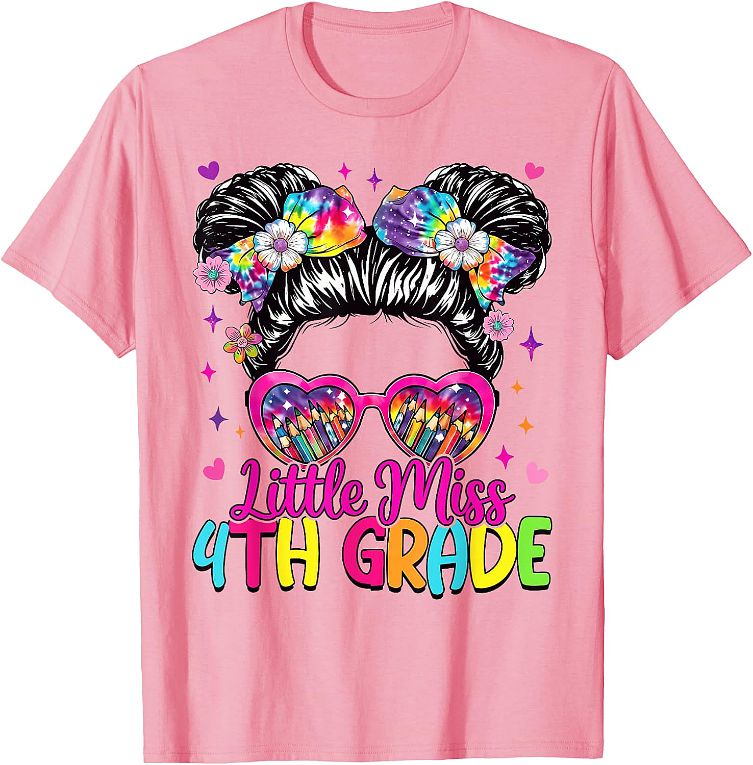  Little Miss 4th Grade Messy Bun T-Shirt Back to School Tee