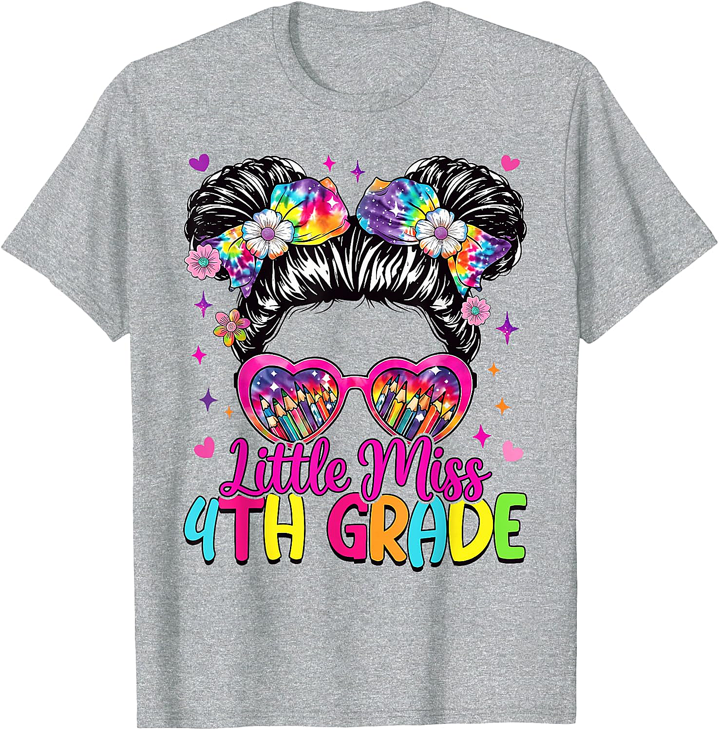  Little Miss 4th Grade Messy Bun T-Shirt Back to School Tee