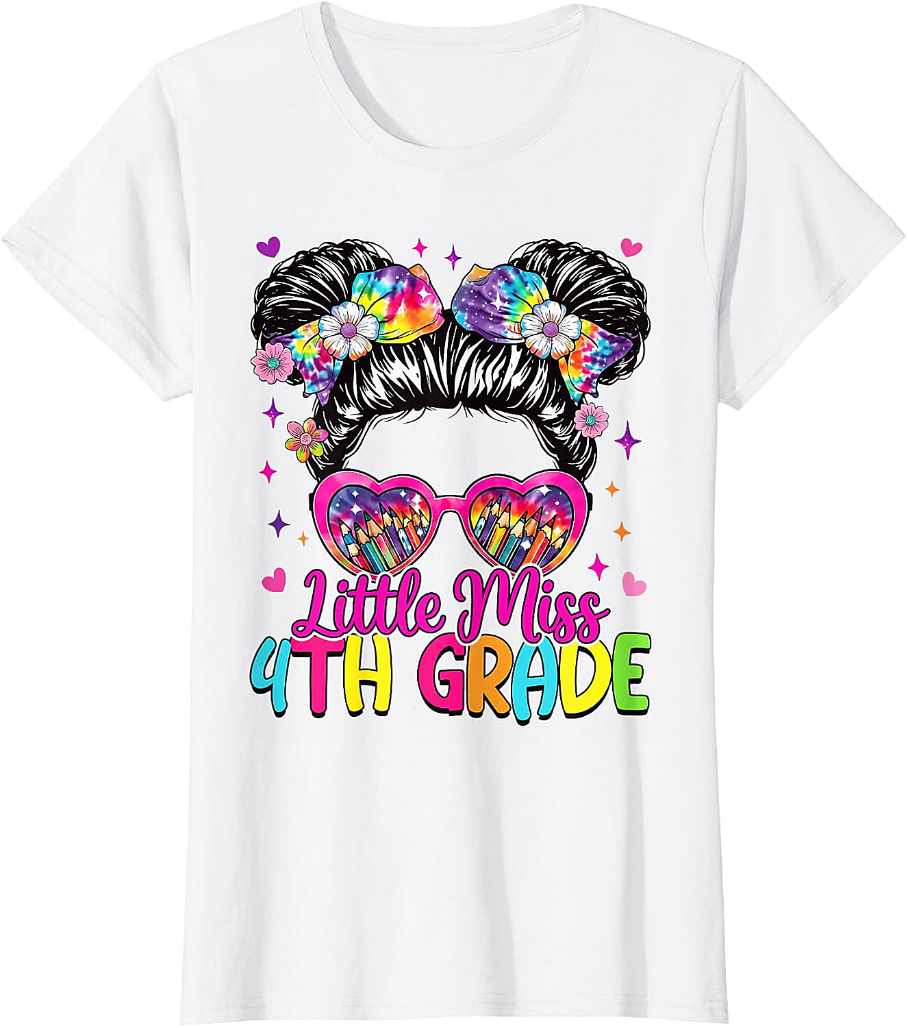  Little Miss 4th Grade Messy Bun T-Shirt Back to School Tee