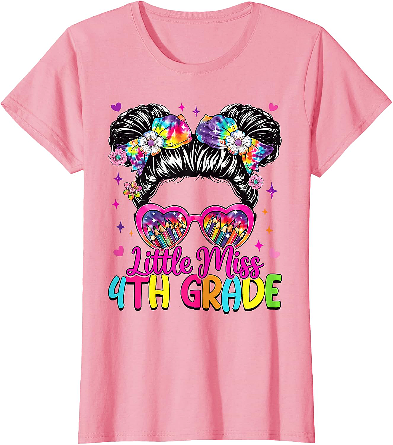  Little Miss 4th Grade Messy Bun T-Shirt Back to School Tee